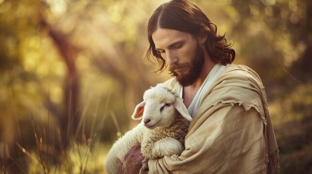 Jesus Christ Holding A Lamb. AI Generative