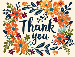 Fototapeta na wymiar Vibrant hand-drawn flowers thank you card with lively typography