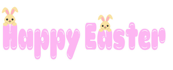 Happy Easter with kawaii bunny - written Word - lettering - pink color -  embossed tubular font - picture, poster, placard, banner, postcard, card.	