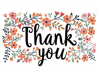 Vibrant hand-drawn flowers thank you card with lively typography
