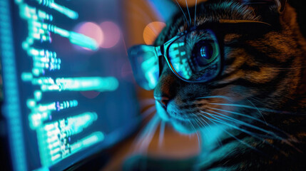 Hacker works in dark room, cat wearing glasses uses computer. Concept of spy, ransomware, cyber technology, hack, vulnerability, scam, fraud and virus - obrazy, fototapety, plakaty