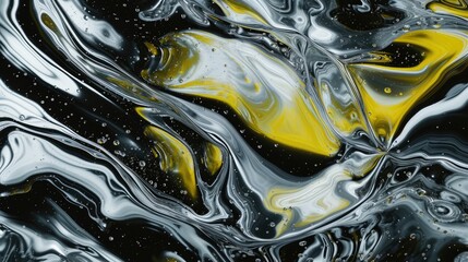  close-up of a black, white, and yellow abstract painting with a textured surface. Yellow streaks and swirls create a focal point against a black and white background.