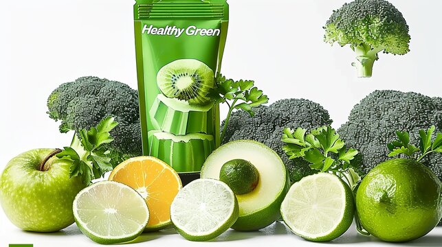 commercial scene, with green fruit and vegetable combination and text