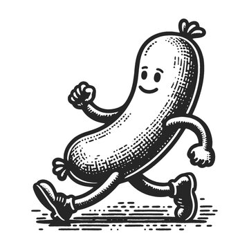 recommend clip art: cartoon sausage walking on his feet sketch engraving generative ai vector illustration. Scratch board imitation. Black and white image.