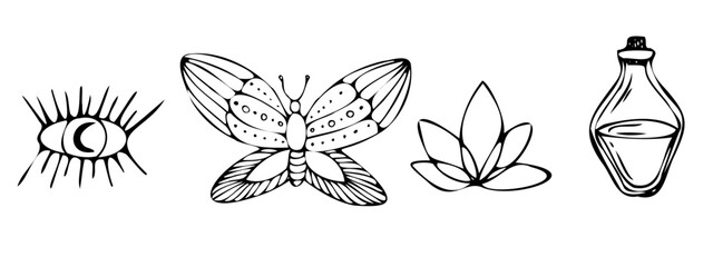Mystic magic vector line elements. Contour minimalistic hand drawn doodle in black. mysterious eye, butterfly, lotus flower, potion bottle. Outline set of elements for logo, tattoo, books, prints.