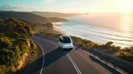 modern, eco-friendly autonomous pod travels along a scenic coastal road at sunset, showcasing the integration of advanced transportation with natural beauty - obrazy, fototapety, plakaty