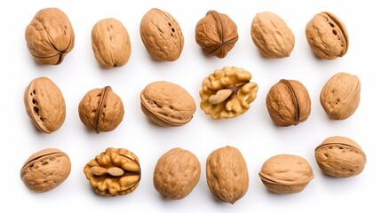 Top-down view of isolated walnut kernels on a white background.