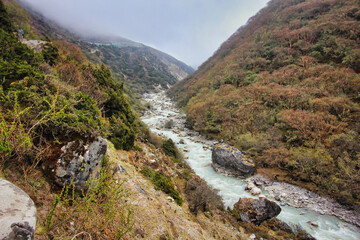 The Khumbu Khola flows downstream through shrublands,meadows and forests to Namche bazaar where it joins the Dudh kosi river in Nepal - obrazy, fototapety, plakaty