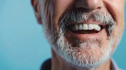 Senior man with gray beard smile showing teeth close up isolated on blue with copy space. Elderly man's healthy natural white teeth and widely smiling. Senior man dental health poster concept.