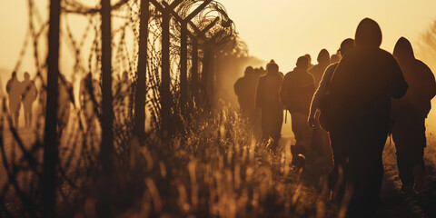 Silhouette of crowd of refugees or illegal immigrants stands by barbed wire border with copy space, concept of crossing the border, asylum, immigration, borderline demarcation.