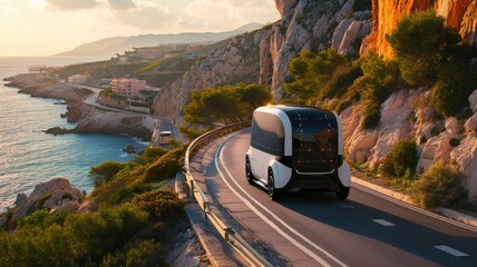 modern, eco-friendly autonomous pod travels along a scenic coastal road at sunset, showcasing the integration of advanced transportation with natural beauty