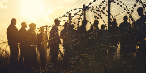 Silhouette of crowd of refugees or illegal immigrants stands by barbed wire border with copy space, concept of crossing the border, asylum, immigration, borderline demarcation. - obrazy, fototapety, plakaty