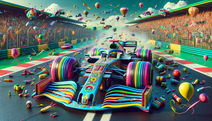 Colorful, surreal racing scene with a striped race car - obrazy, fototapety, plakaty