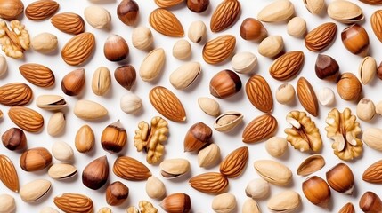 Various nuts including walnuts, cashews, almonds, and hazelnuts isolated on a white background, forming a pattern. (Top view)