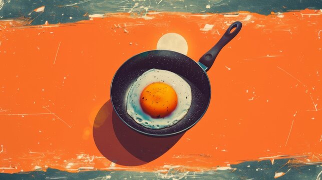 An egg in a frying pan on an orange surface