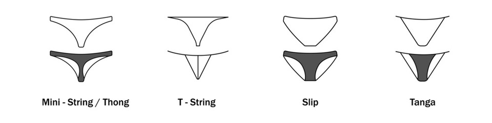 Women panties vector. A set of different women panties. A collection of types of women underwear. The concept of underwear for women. - obrazy, fototapety, plakaty