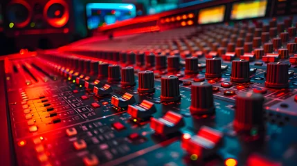 Fototapeten Wide-angle shot of a mixing console for a recording studio. Red cinematic studio light. © Prasanth