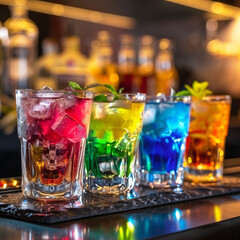 colored cocktail drinks in the bar neon