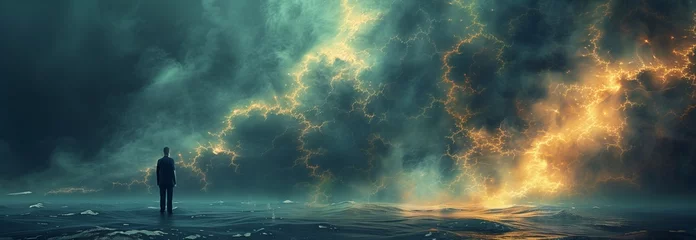 Deurstickers A man is standing in front of a stormy sky filled with lightning, creating a dramatic atmosphere. The cumulus clouds and dark horizon add to the intense landscape of the scene © RichWolf