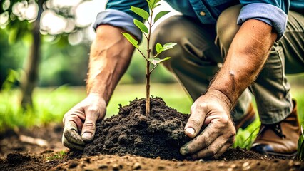 Fototapeta premium World Earth Day Artistry: Witness the Detail in a Close-Up Illustration Depicting a Man's Dedication to the Planet Through Tree Planting, Symbolizing the Intersection of Sustainability, Conservation