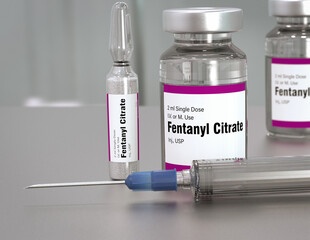 Fentanyl bottle. Fentanyl is an opioid used as pain medication and for anesthesia. It is also used as a recreational drug mixed with heroin or cocaine. - 751758127