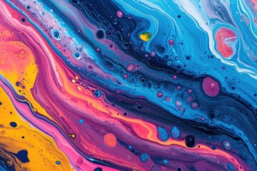 close-up of an abstract acrylic painting features swirling blues, greens, yellows, and oranges in a wave-like pattern, with a dark void space in the center, creating a sense of movement and mystery.