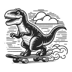 Cartoon dinosaur riding skateboard sketch engraving generative ai vector illustration. Scratch board imitation. Black and white image.