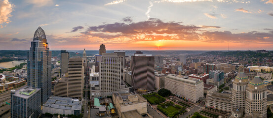 Cincinnati Ohio urban architecture in city downtown at sunset. Panoramic view of business district skyline with high-rise buildings at nightfall