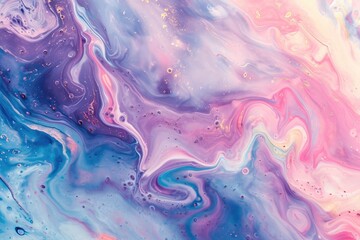  close-up of an abstract fluid art painting features swirls of blue, pink, and purple in a marbled...