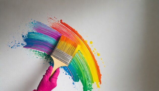  Hand with glove holding paint brush with rainbow color paint splash on white wall background. Renovation, home improvement, diy concept
