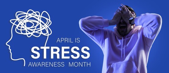 Banner for Stress Awareness Month with man having panic attack - obrazy, fototapety, plakaty