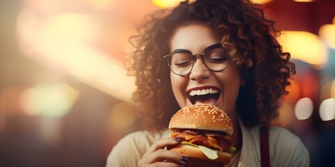 Joyful woman savoring a mouthwatering cheeseburger against vibrant backdrop. Concept Food Photography, Vibrant Background, Cheeseburger, Joyful Expression, Outdoor Setting - obrazy, fototapety, plakaty