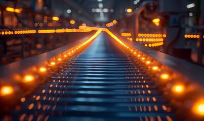 A close up of a train track illuminated by a lot of lights, creating a symmetrical pattern in the cityscape of a metropolitan area with towering blocks and busy road thoroughfare
