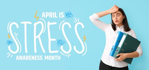 Banner for Stress Awareness Month with troubled businesswoman - obrazy, fototapety, plakaty