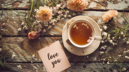 Obraz na płótnie Canvas A cup of tea next to a note that says i love you