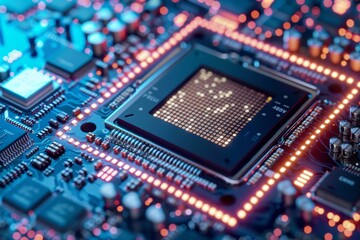 Obraz premium Vivid 3D render of a CPU with electric pulses flowing through circuits.