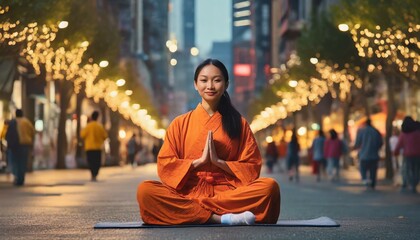 enlightenment concept with Buddhist monk meditating on busy street