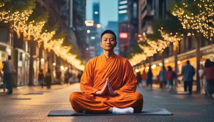 enlightenment concept with Buddhist monk meditating on busy street - obrazy, fototapety, plakaty