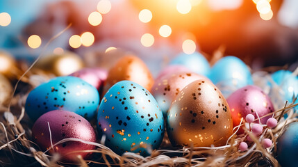 Colorful easter eggs in nest with bokeh background. Greeting card on an Easter theme. Happy Easter concept.