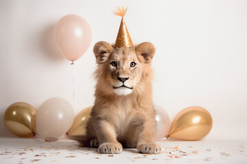 Young lion donned in birthday hat sits at festive backdrop of multicolored balloons and confetti. Jungle king birthday. Animal party concept - obrazy, fototapety, plakaty