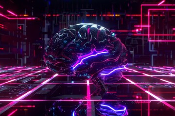 Neon-lit cyber brain, 3D render with vibrant tech lines.