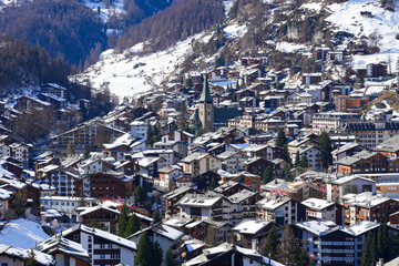 Aerial view of the Pfarrkirche (parish church) of St. Mauritius in the village of Zermatt in the Swiss Alps, Canton of Valais - Religious building in Switzerland