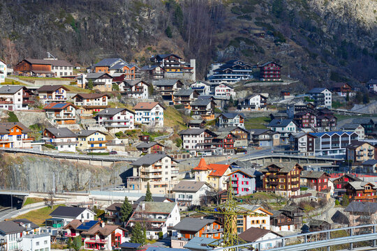 Aerial view of Stalden, a mountainous village of the Visp district located at the branching of the Matter and Saas valleys in the Canton of Valais, Switzerland