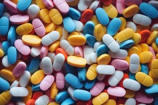 a closeup image of many colorful pharmaceutical pills in package, in the style of disintegrated,