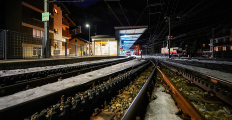 Cogwheel railroad equipped with a rack rail using the Abt system with 2 solid bars with offset pinions in the Gornergrat Railway train station in Zermatt, Valais, Switzerland