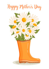 Mother's day greeting card. Bouquet of white chamomile flowers in rain boot. Botanical vector illustration isolated for postcard, poster, ad, decor and other uses.