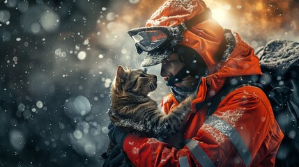 A fictional character in a red jacket holds a cat in the snowy darkness