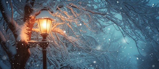 Glowing street light illuminating snow-covered winter scene on peaceful evening