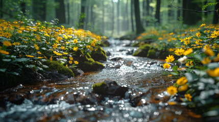 spring forest nature landscape, beautiful spring stream, river rocks in mountain forest.