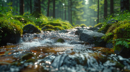 spring forest nature landscape, beautiful spring stream, river rocks in mountain forest.